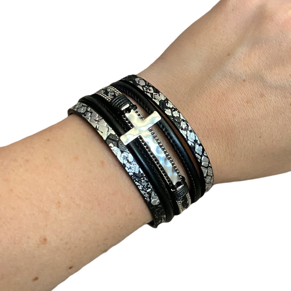 Cowgirl Black Snake Print Bracelet Cross Charm Western Leather Wrap Jewelry NEW